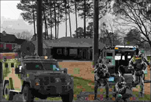 a group of soldiers are standing in front of a house in a residential area .