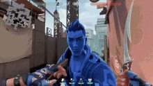 a man in a blue hoodie is holding a gun and a knife in a video game .