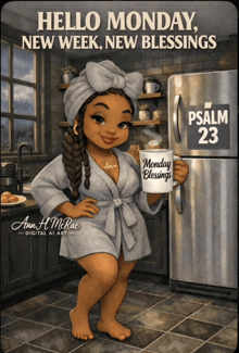 a woman in a bathrobe is holding a coffee mug that says monday blessings