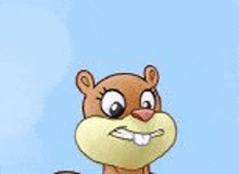 sandy cheeks from spongebob squarepants is a cartoon squirrel with a big smile on her face .