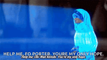 a person in a blue jacket is standing in front of a blue background and talking to obi-wan kenobi .