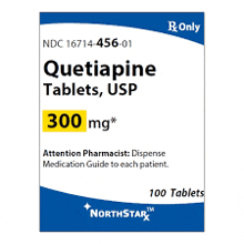 a blue and white box of quetiapine tablets usp