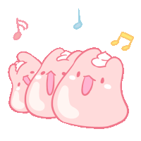 a cartoon drawing of three pink rabbits with music notes floating around them