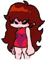 a cartoon girl with long red hair and a red dress is standing with her arms crossed .