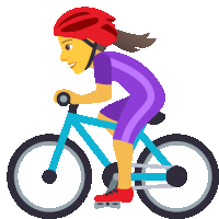 a woman wearing a red helmet rides a blue bike