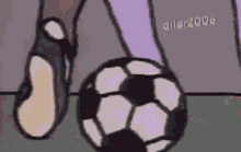 a cartoon character is kicking a soccer ball .