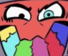 a close up of a cartoon character 's face with a rainbow colored mouth .