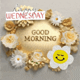 a happy wednesday greeting card with flowers and a yellow smiley face