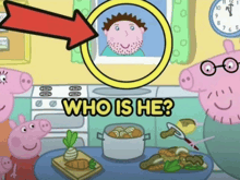 a cartoon scene with a magnifying glass and the words who is he on the bottom