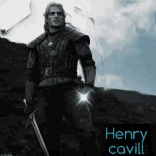 a poster of henry cavill holding a sword and a light