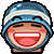 a pixel art illustration of a person wearing a helmet and smiling with their eyes closed .