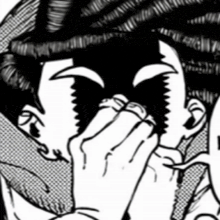 a black and white drawing of a woman covering her face with her hand .