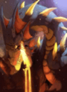 a close up of a painting of a dragon with a sword in its mouth .