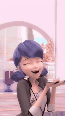 a cartoon girl with blue hair is smiling and holding a plate of food