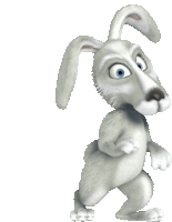 a white cartoon rabbit with blue eyes is standing on its hind legs