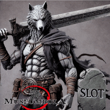 a statue of a wolf holding a sword and a shield with slot museumbola written on the bottom