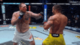 two men are fighting in a boxing ring and one of them is wearing a pair of yellow shorts that say venum