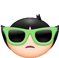 a cartoon character wearing green sunglasses and a sad face