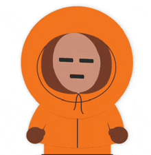 a cartoon character wearing an orange hoodie with a brown face and two black lines on it