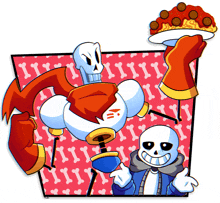 a cartoon of papyrus and sans holding a plate of pizza