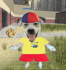 a dog wearing a yellow shirt with a minion on it