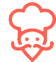 a red icon of a chef 's hat with a mustache on a white background