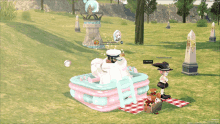 a screenshot of a video game shows a girl standing next to an inflatable pool and a man in a white hat