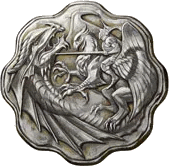 a silver coin with a dragon and a man holding a sword on it .