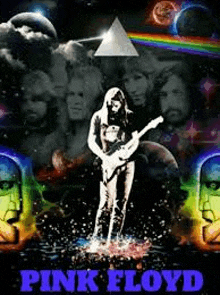 a poster of pink floyd with a man playing a guitar in the water .