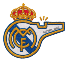 a blue and white patch with a whistle and a crown