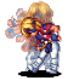 a pixel art drawing of a man in a red white and blue outfit