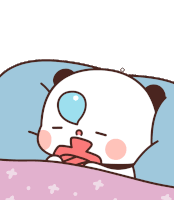 a cartoon panda bear is sleeping in a bed with a speech bubble above his head .