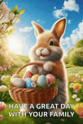 a rabbit is holding a basket full of easter eggs