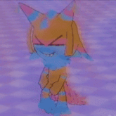 a cartoon drawing of a cat with a blue tail