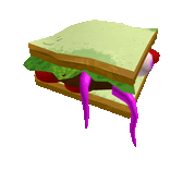 a sandwich with purple tentacles on it is sitting on a white background .