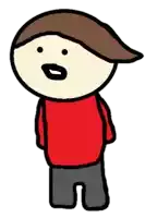 a cartoon drawing of a man with a red shirt and black pants