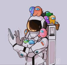 a cartoon of an astronaut taking a selfie with among us characters .