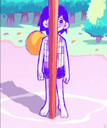 a cartoon character is standing next to a pole with a ball .