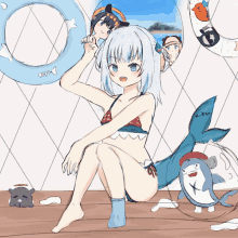 a drawing of a girl in a bikini surrounded by sharks and a life preserver with the letter d on it