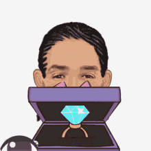 a cartoon of a woman peeking out of a purple box with a diamond ring in it