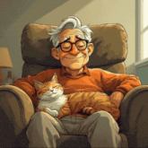 a cartoon of an elderly man sitting in a chair with his cat