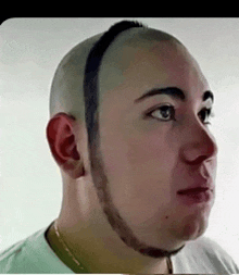 a close up of a man 's face with a shaved head and a beard