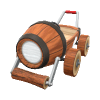 a cartoon drawing of a wooden barrel on wheels