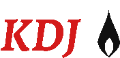 a logo for kdj with a black flame