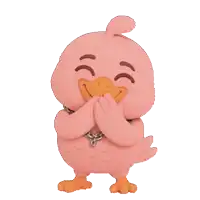 a pink cartoon duck with a chain around its neck