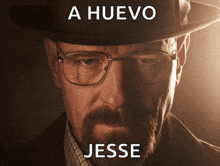 a man wearing glasses and a hat with the words a huevo jesse above his face