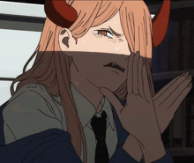 a drawing of a girl with horns covering her face
