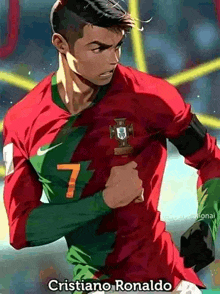 cristiano ronaldo is wearing a red and green soccer uniform and running on the field .