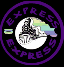 a purple and black express logo with a train