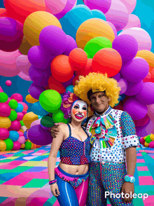 a man and a woman dressed as clowns pose in front of balloons